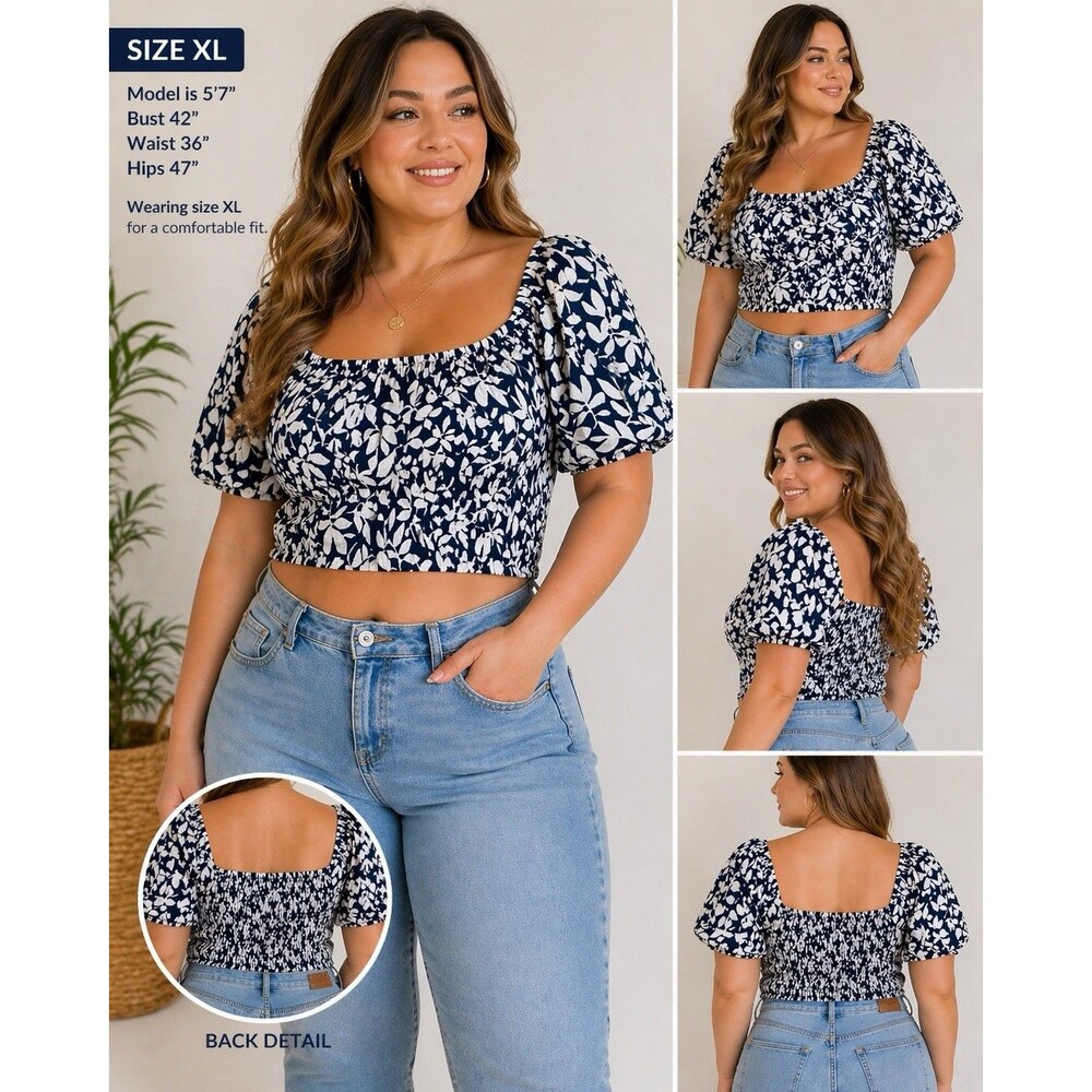 Abercrombie & Fitch Blue Floral Smocked Puff Sleeve Crop Top XL